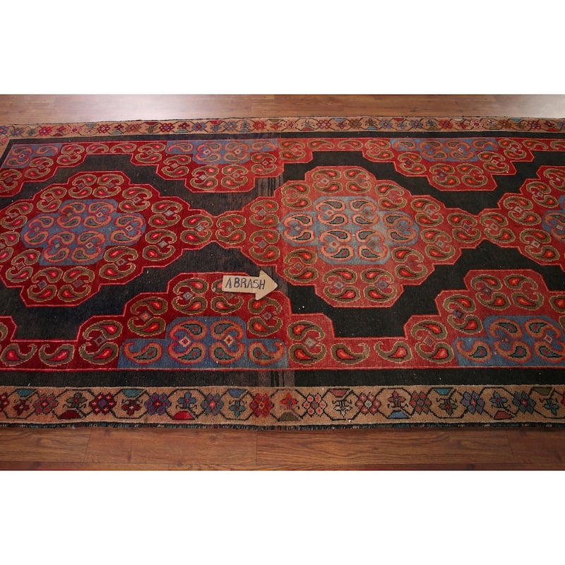 Black & Red Hamedan Persian Vintage Runner Rug Handmade Wool Carpet - 3'9" x 9'4"