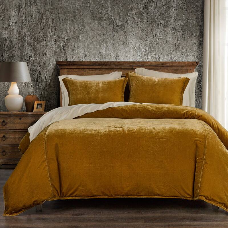 HiEnd Accents Stella Faux Silk Velvet Romantic Western 3 Piece Duvet Cover Set - Saffron - King
