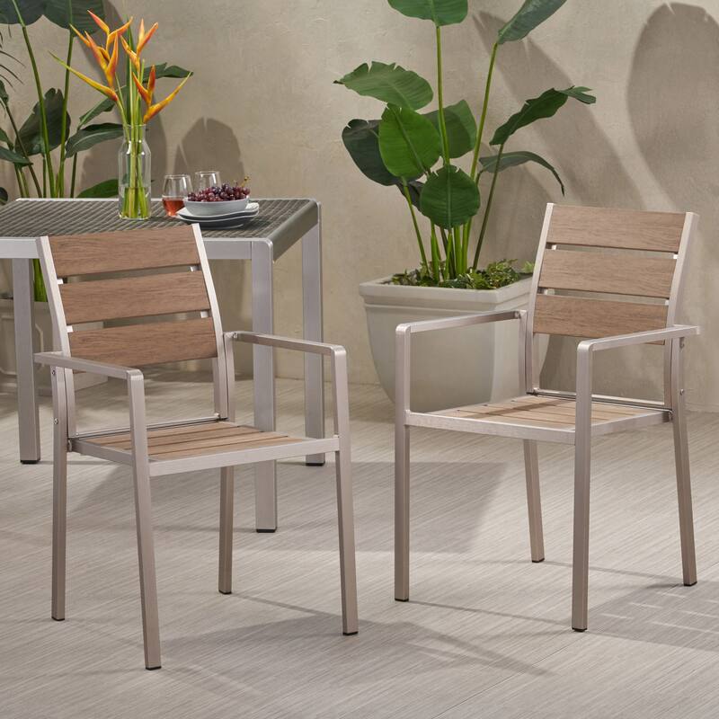 Faux Wood Dining Seat, Silver Aluminum Dining Chair Set of 2, Garden Chair Side Chair, Kitchen Furniture Dining Side Chairs