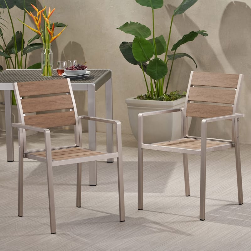 Roomfitters Outdoor Modern Aluminum Dining Chairs with Faux Wood Seat, Set of 2 in Natural and Silver