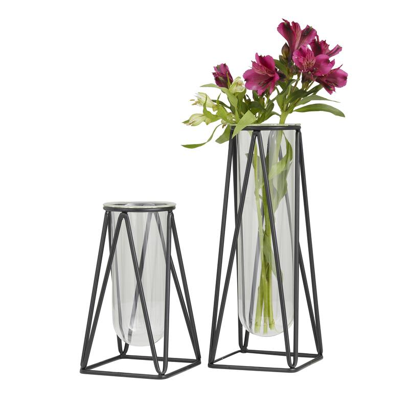 Glass Tube Decorative Vase with Metal Stand - Set of 2 Gold or Black - Roche River Decor - Black