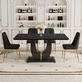 63" Black Marble Dining Table Set with 4 Black PU Chairs & Gold Metal ...