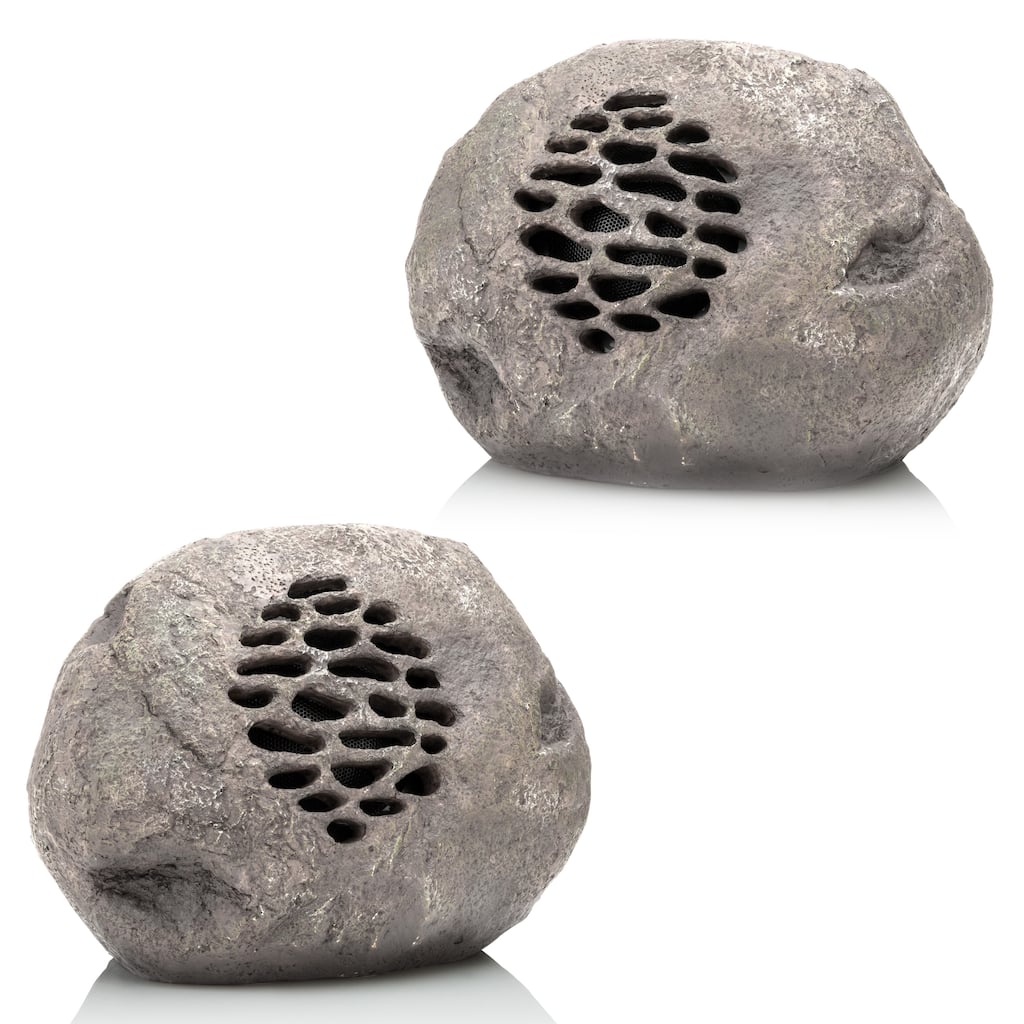 Alpine Corporation QLP952SLR-GR-2 Solar Bluetooth Rock Speaker Set of 2 for Outdoor Use, Gray