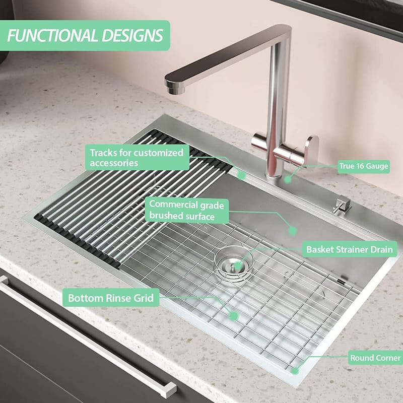 Modern 33'' Drop-in Single Bowl Stainless Steel Kitchen Sinks, Workstation Sink for Kitchen - 33