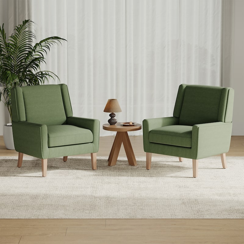 Mid-Century Linen Wing Chair - Tailored Channel Tufting & Walnut Tapered Legs, Compact Accent for Reading Nooks - Set of 2 - Green