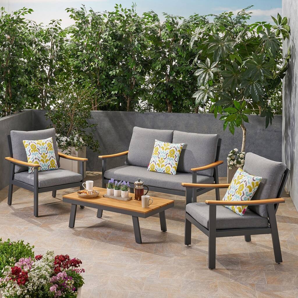 4-Piece Metal Patio Conversation Set with Grey Cushions