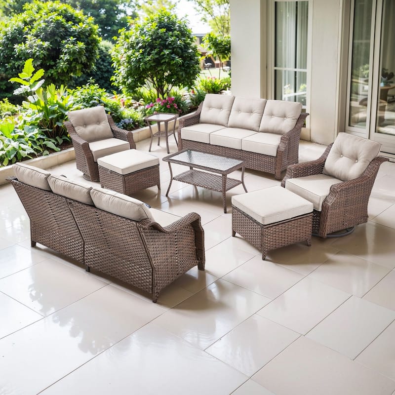 Artisan 8-Piece Patio Brown Wicker Sofa Conversation Set with 6-Inch Thick Cushions