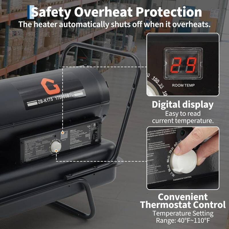 175000 BTUs Forced Air Kerosene Diesel Heater, with Thermostat and Wheels