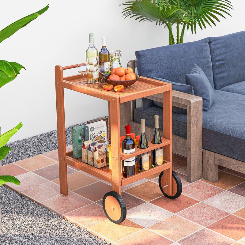 Gymax Wood Bar Cart 2 Tier Bar Trolley w/ Large Rubber Wheels & Wine