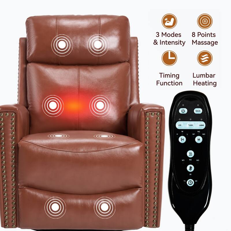 Roomfitters Genuine Leather Swivel Rocker Recliner, Manual Massage Glider with Heat and Top Grain Cowhide, Living Room