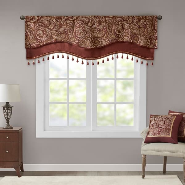 slide 2 of 37, Madison Park Aubrey Jacquard Window Rod Pocket Valance with Beads - 50 x 18" Burgundy
