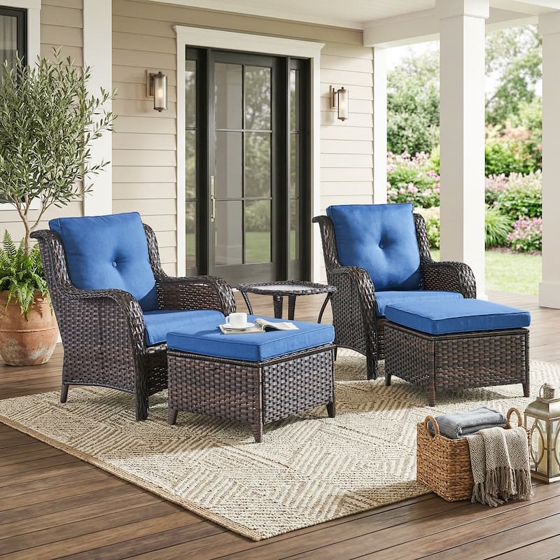 Pocassy Outdoor Patio Wciker Sofa Furniture Set of Chair Table. - Brown Wicker with Blue Cushion - 5-Piece Patio Chair Ottoman w/ Side Table