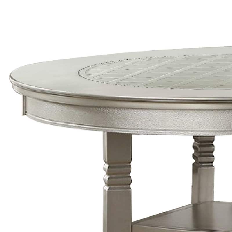 Round Wooden Dining Table with Glass Inserted Top, Champagne Silver