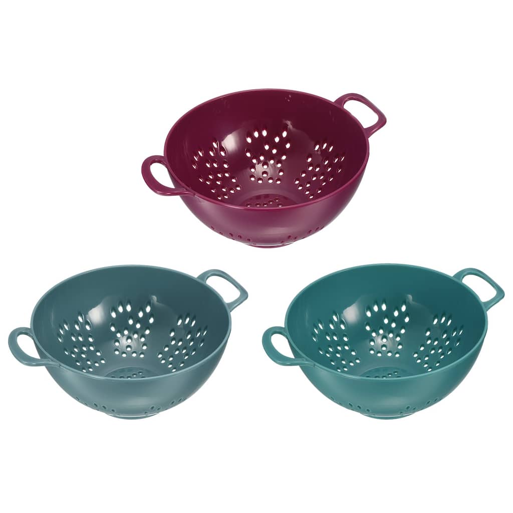 Plastic Deep Colander w Handles 3PCS, Rice Washing Bowl Food Strainer - Light Blue+Army Green+Purple - 19cm x 14.8cm x 7.5cm
