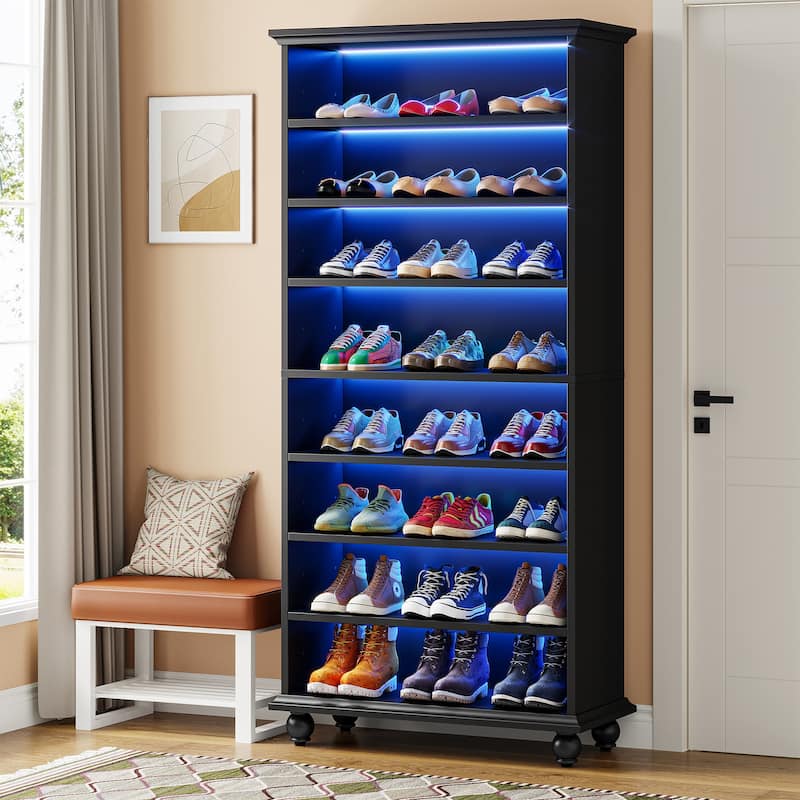 9-Tier Narrow Tall Shoe Storage Cabinet with LED Lighting for Living Room - Black