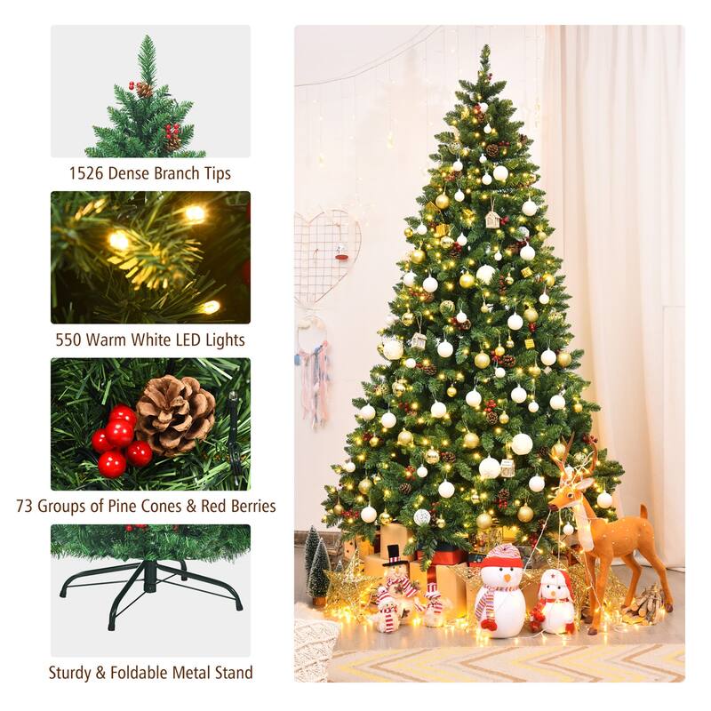 Gymax 7.5FT Pre-Lit Christmas Tree Hinged Artificial Tree Decoration - See Details