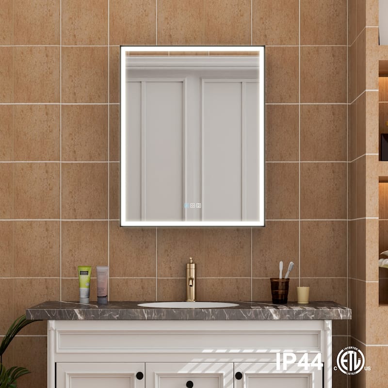 30'' H Recessed Or Surface Wall Mounted LED Mirror Cabinet With Mirror And Adjustable Shelves,Black Frame - 24"W X30"H,Left Open