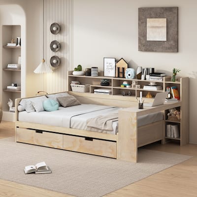 Full Size Wooden Daybed with Storage Shelves, 2 Drawers, and Study Desk - Multi-Functional Elegance