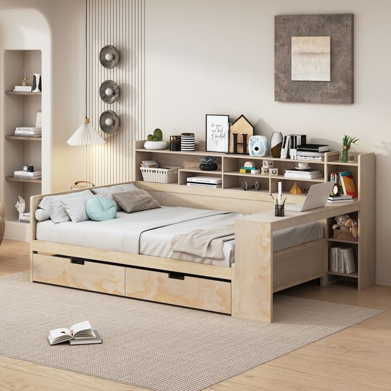 Multi-functional Wooden Full Size Daybed with Storage Shelves, Drawers, and Study Desk