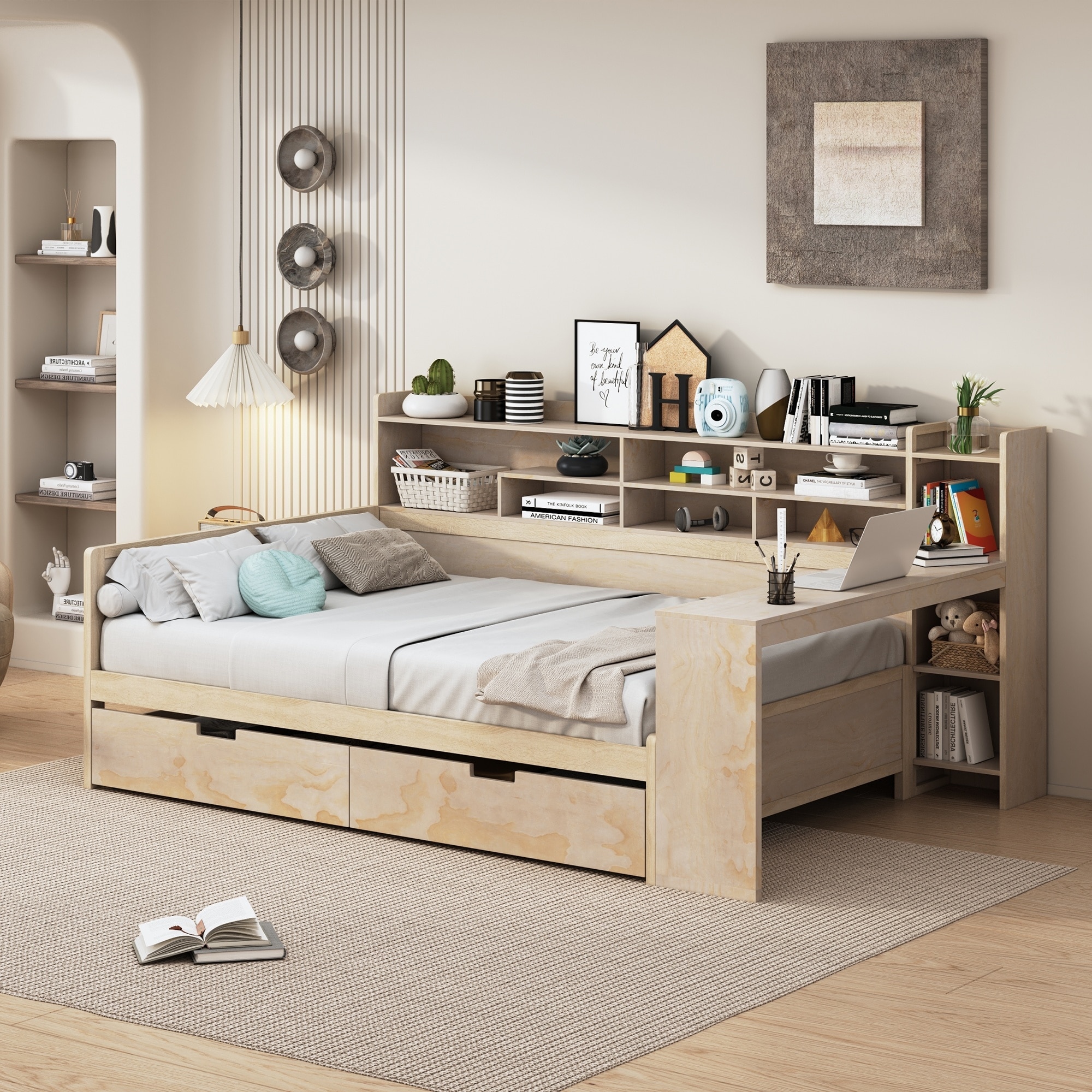Wooden Daybed with Storage Shelves, Multi-functional Bed with Two Storage Drawers and Study Desk