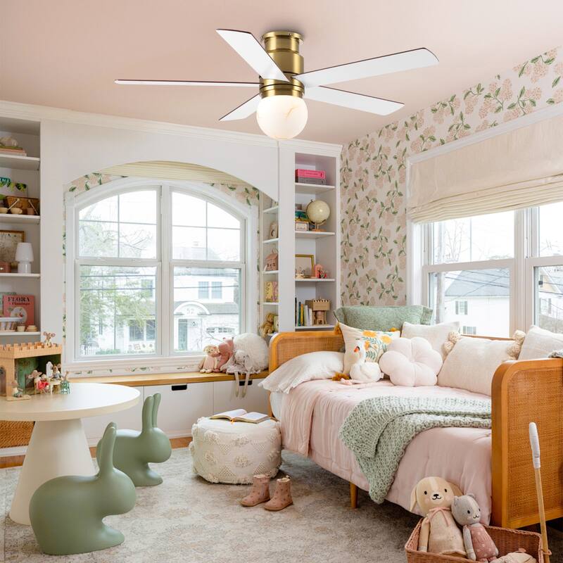 52" Modern Plating Gold Globe Glass Flush Mount Ceiling Fan with Light and Remote