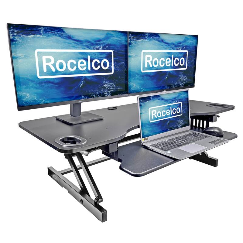 Rocelco 45 in. W Black Height Adjustable Standing Desk Converter with Dual Monitor Mount and Triple Screen Riser Platform