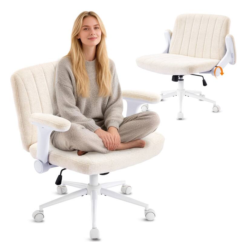 Chenille Swivel Chair With Adjustable Flip-Up Arms For Cross-Legged