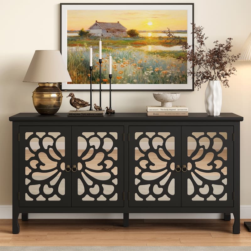 63'' Modern Buffet Cabinet with Mirrored Door and Adjustable Shelves
