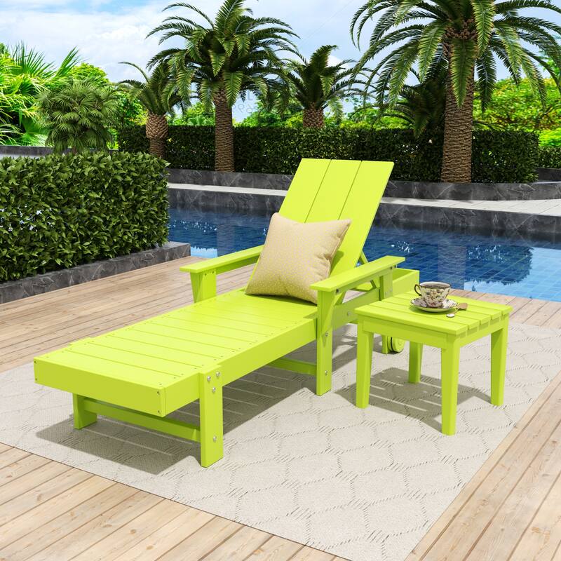 Polytrends Shoreside Modern Poly Eco-Friendly All Weather Reclining Chaise Lounge With Arms, Wheels, & Side Table (2-Piece Set)