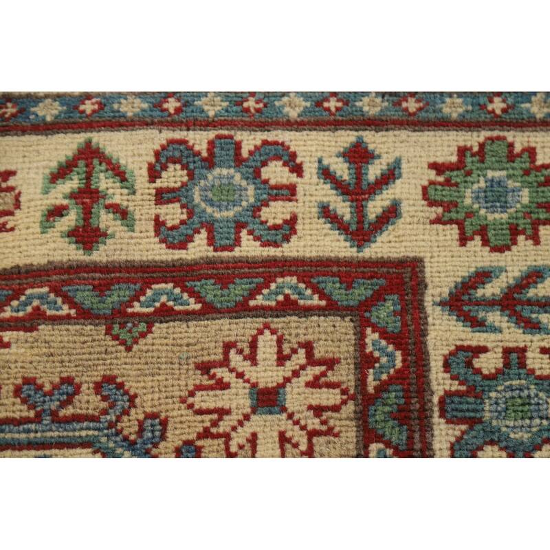 Hand Knotted Oriental 100% Wool Carpet Traditional Geometric Beige & Ivories Kazak Runner Rug - 12' 8'' X 2' 10''