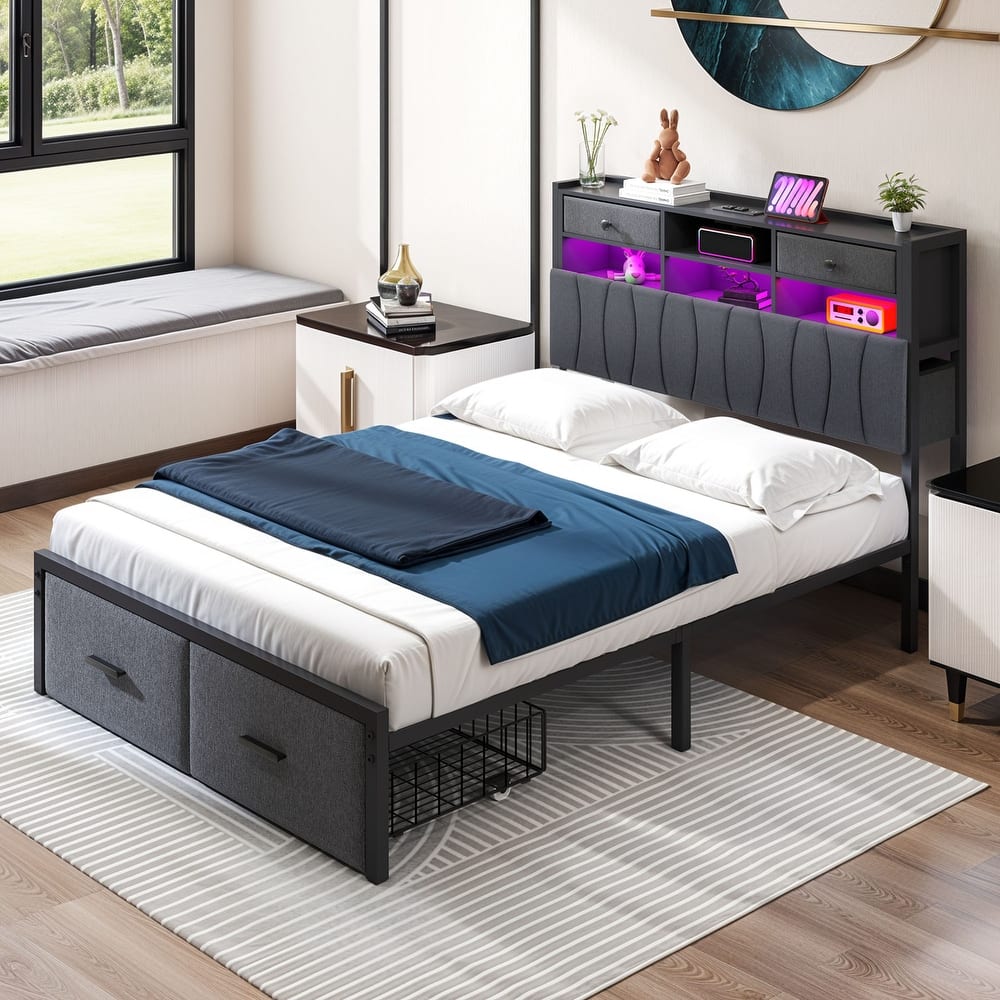 Moasis Linen Upholstered Platform Bed, Bed Frame with Hidden Storage Headboard and Charging Station