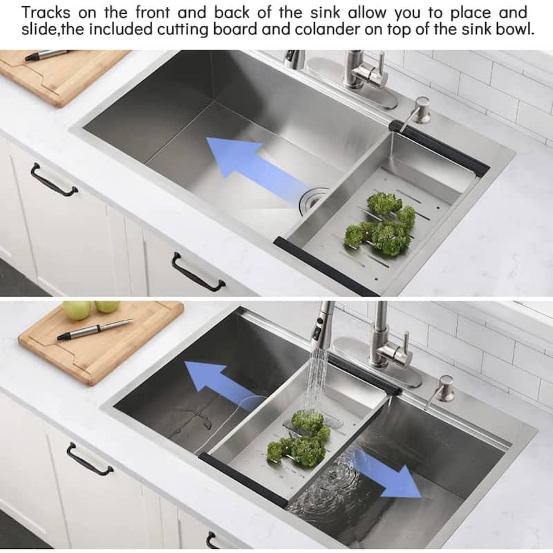 Modern 33'' Drop-in Single Bowl Stainless Steel Kitchen Sinks, Workstation Sink for Kitchen - 33