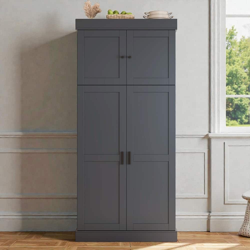 77 Inch Tall Kitchen Pantry Cabinet, Shaker Style Storage with Adjustable Shelves, Drawers, Door Shelves and Wine Racks