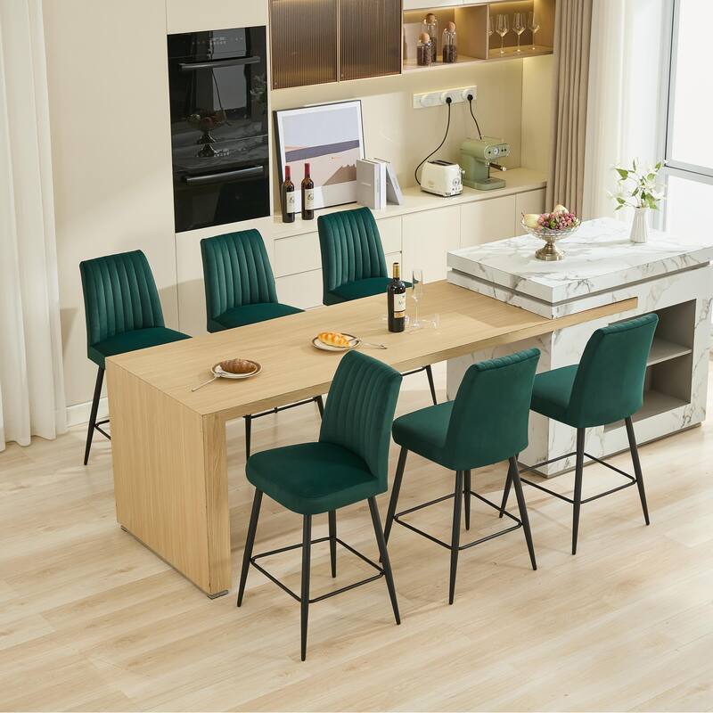 Velvet Upholstered Bar Stools Set of 2, Kitchen Bar Stools with Adjustable Iron Feet, Armless Dining Chairs with Footrest