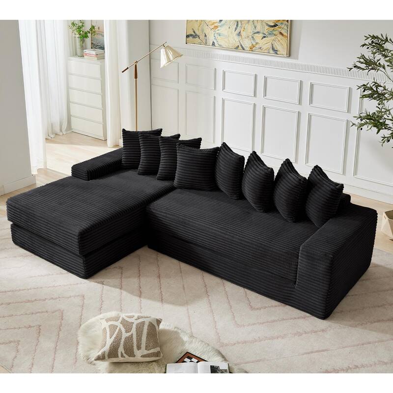Floor Sleeper Sofa Bed Convertible L-shaped Modular Sectional Couch with Chaise, Corduroy Compression Sofa with Side Pockets