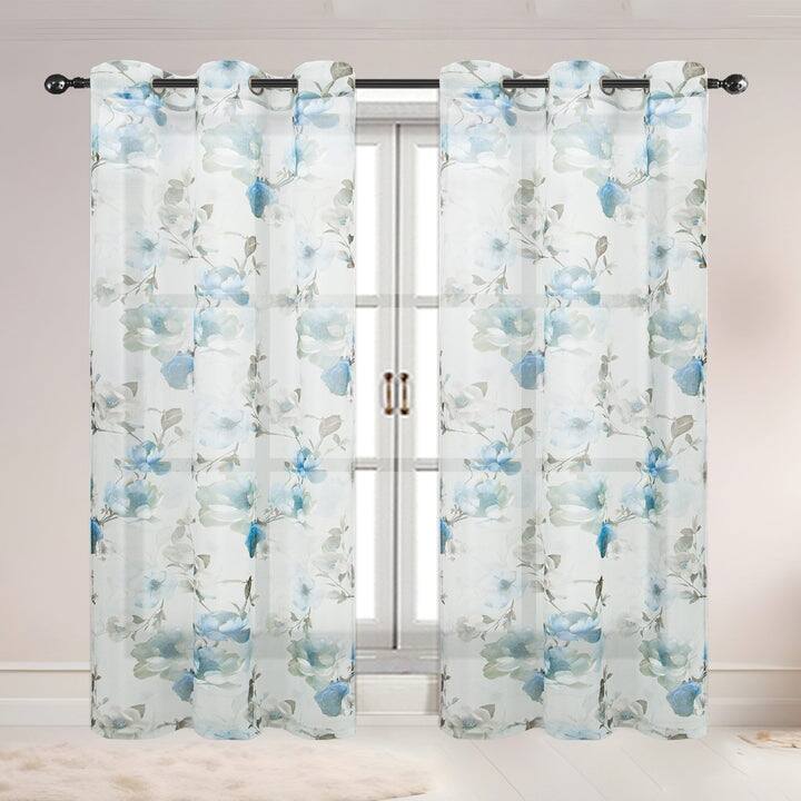 Alaina 2 Pack Floral Sheer Voile Grommet Window Curtain Panel, 37x84 Inches - Teal