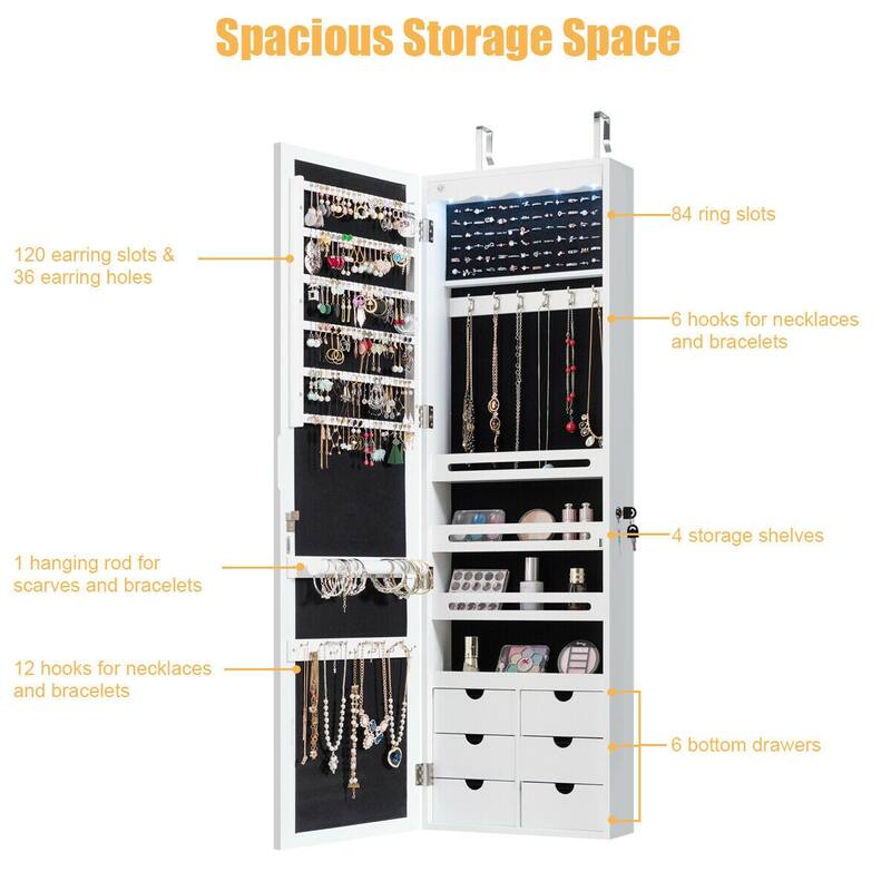 Gymax Lockable Wall Door Mounted Jewelry Cabinet LED Mirror White - See Details