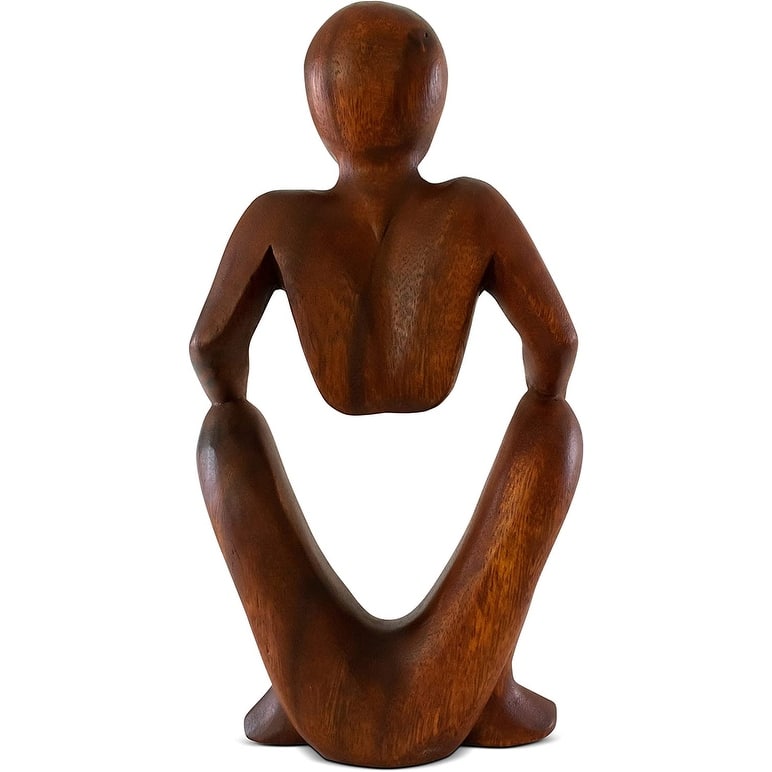 12" Wooden Handmade Abstract Sculpture Statue Handcrafted "Squatting Man" Gift Home Decor Figurine Accent Artwork Hand Carved