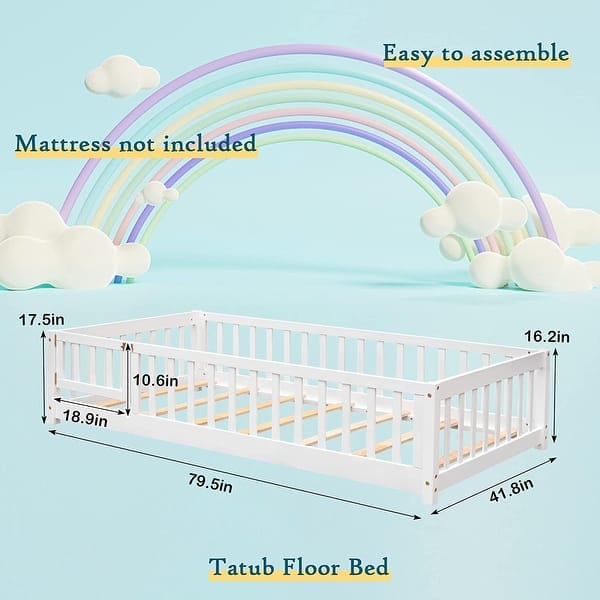 dimension image slide 6 of 10, Twin/Full/Queen Size Floor Bed with Safety Guardrails, Toddler Floor Bed for Girls and Boys