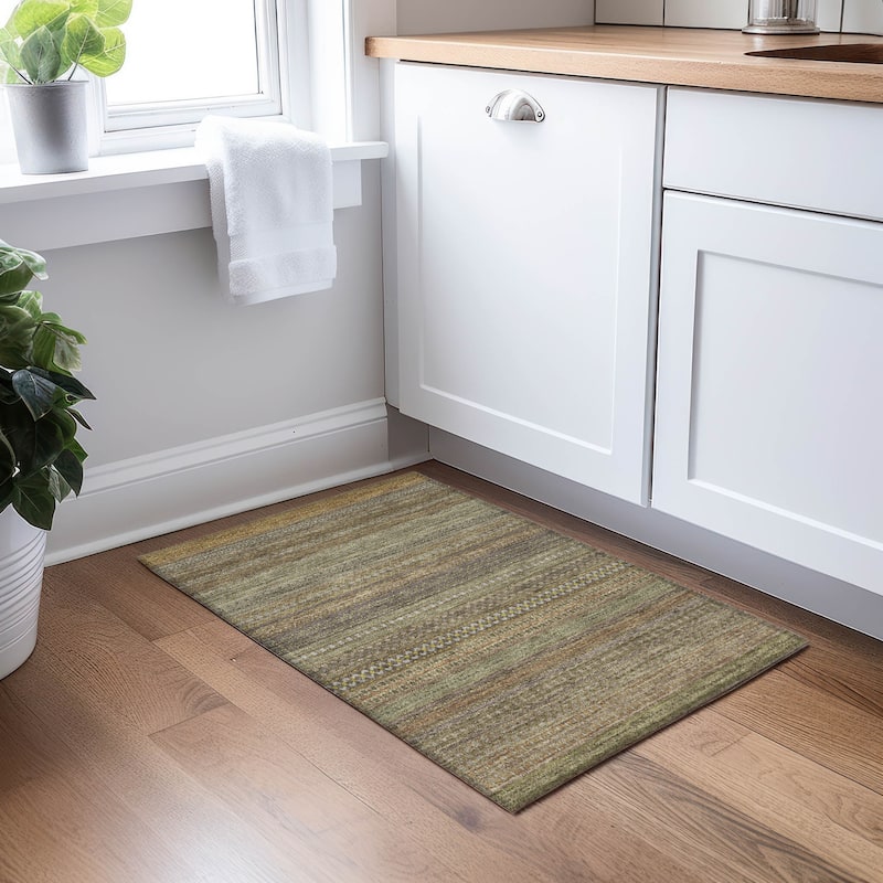 Machine Washable Indoor/ Outdoor Moroccan Stripes Chantille Rug - Khaki - 1'8" x 2'6"