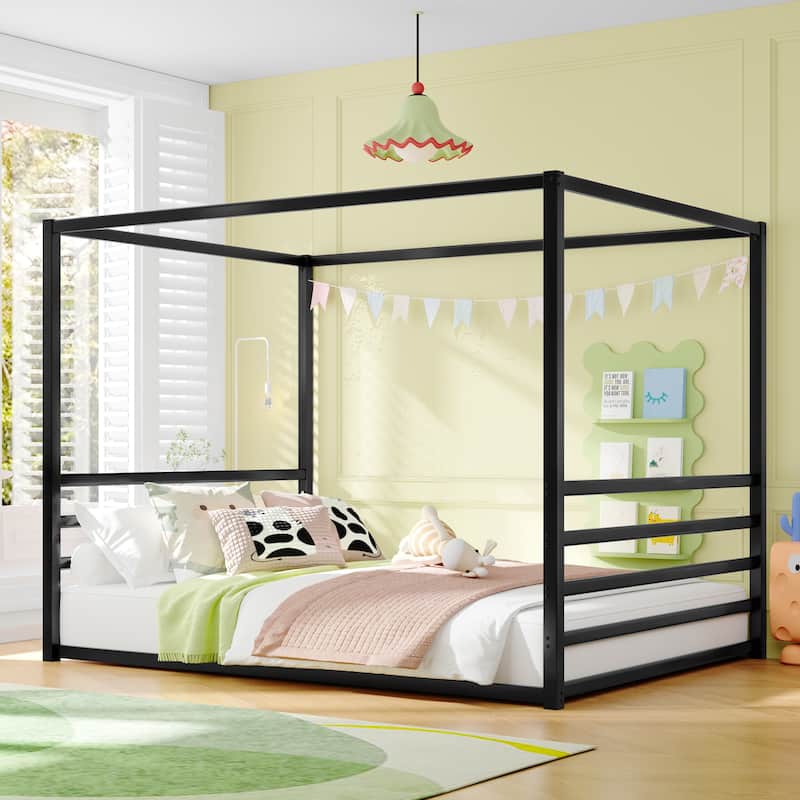 Queen Size Iron Canopy Bed with Fence Guardrails and Sunshade Design