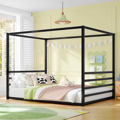 Queen Size Low Profile Metal Canopy Bed, Modern Double Size Iron Square Floor Bed Frame with Four Poster Design