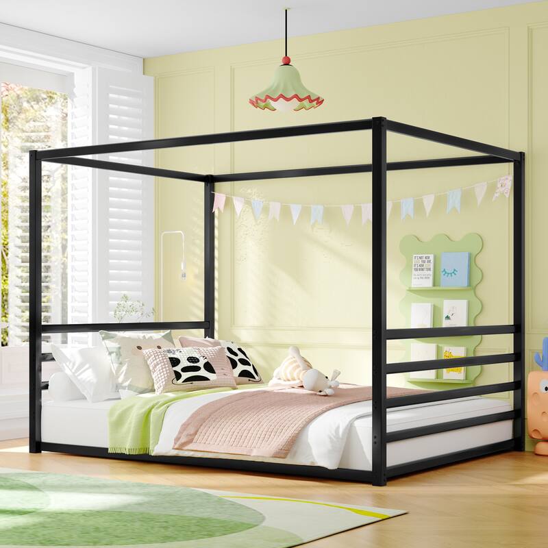 Queen Size Sunshade Floor Bed, Iron Double-Size Bed Frame,Equipped With Fence-Style Guardrails