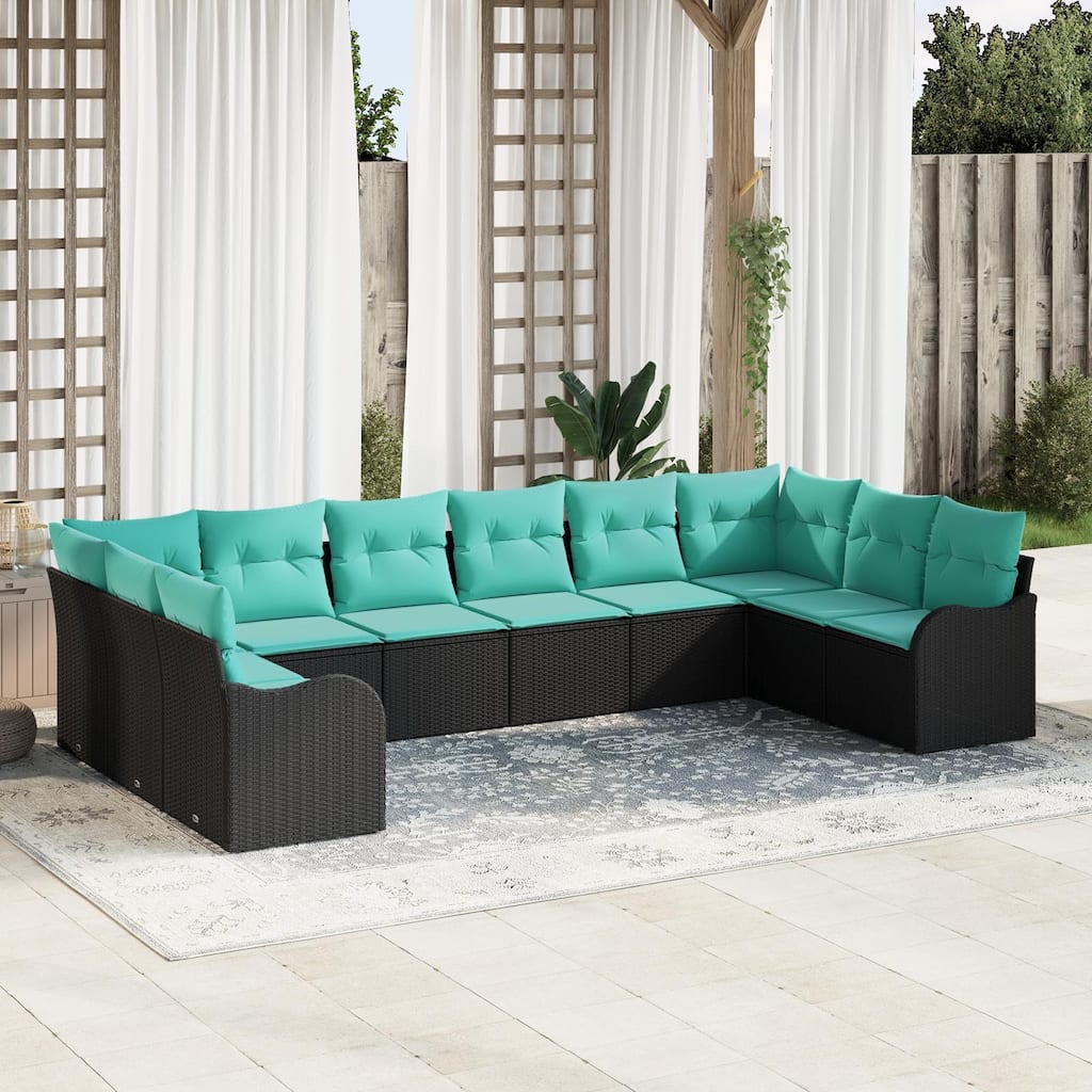 vidaXL 10 Garden Sofa Set with Cushions Black Poly Rattan - 135.4 x 69.9 x 27.2