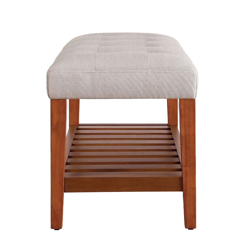 Fabric Upholstered Bench with Open Storage, Blue and Oak - Light Gray,Oak