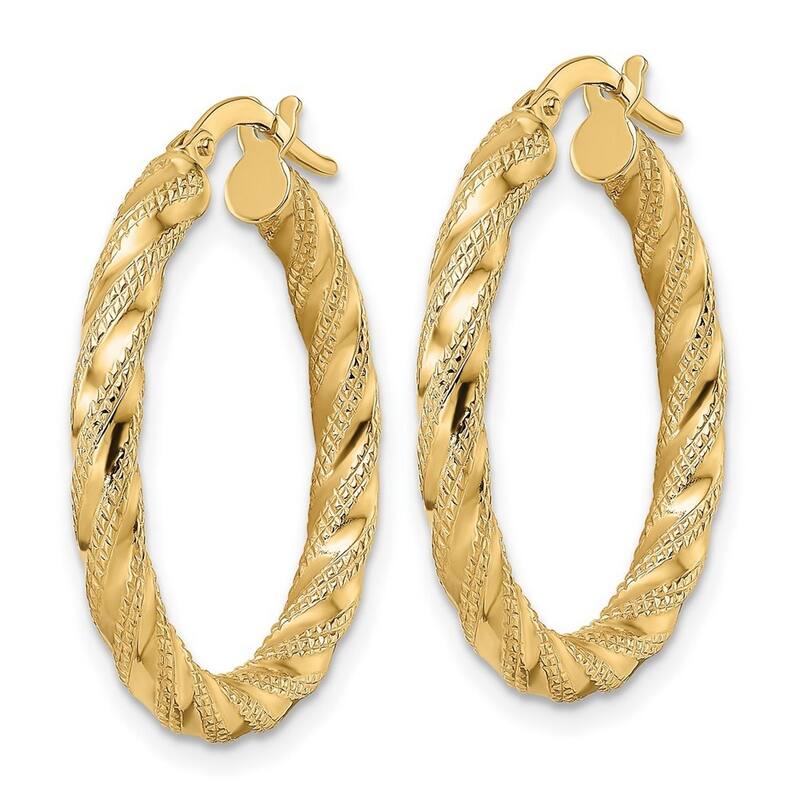 Curata 14k Yellow Gold Stripe Textured Twisted 26.5x3mm Hoop Earrings