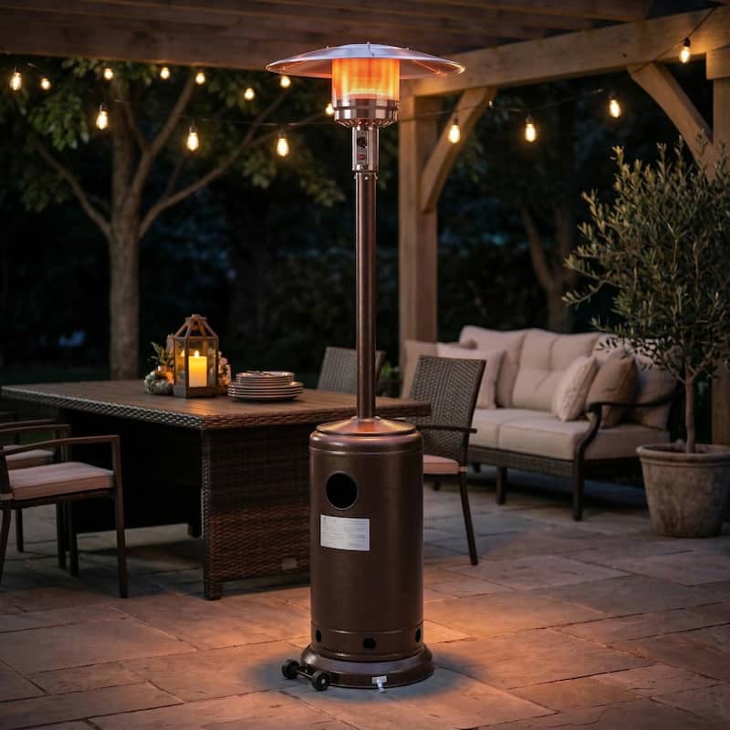 Outdoor 46,000 BTU Iron Propane Gas Patio Heater with Wheels and Cover - Brown