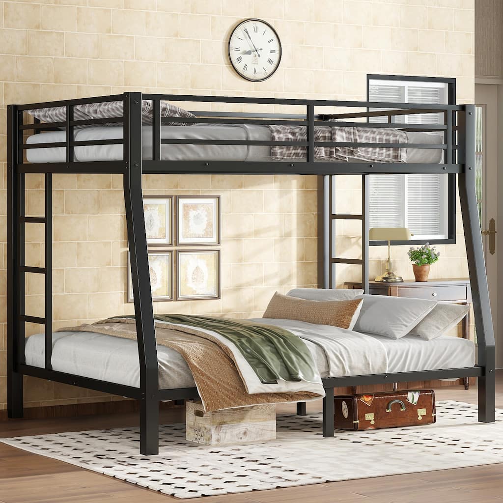 Roomfitters Full XL over Queen Metal Bunk Bed with Dual Ladders, Heavy Duty Steel Frame, Black