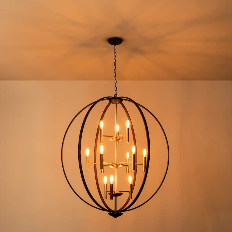 12-Light Industrial 3-Tier Cage Globe Oversized Pendant Traditional Large Chandelier for Living Room - 35.4 in. W x 41.3 in. H