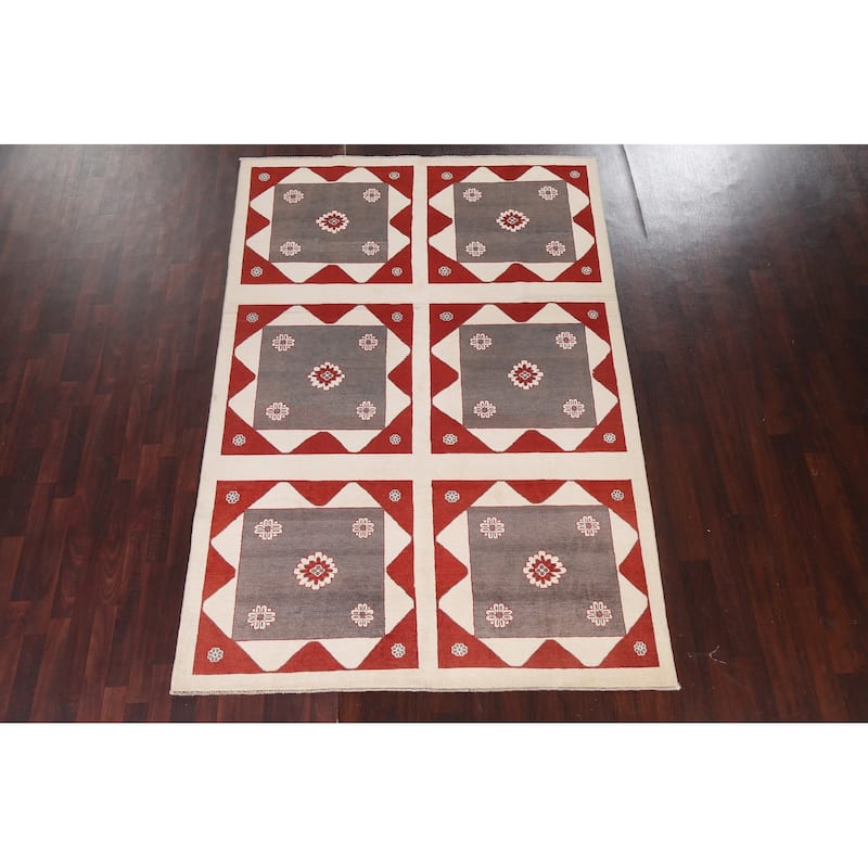 Geometric Gabbeh Kashkoli Area Rug Hand-knotted Oriental Wool Carpet - 6'1" x 8'11"
